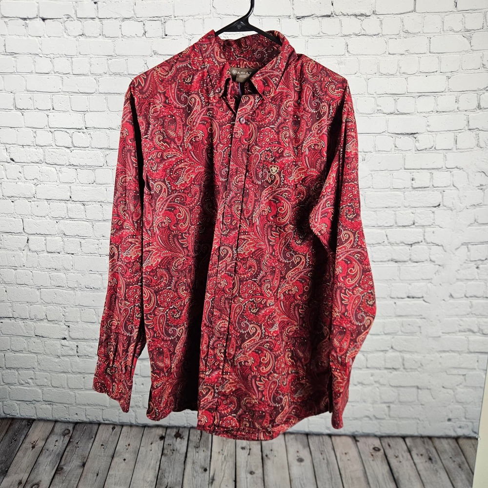 Ariat Mens Red Paisley Western Button Down Shirt Long Sleeve Size Medium